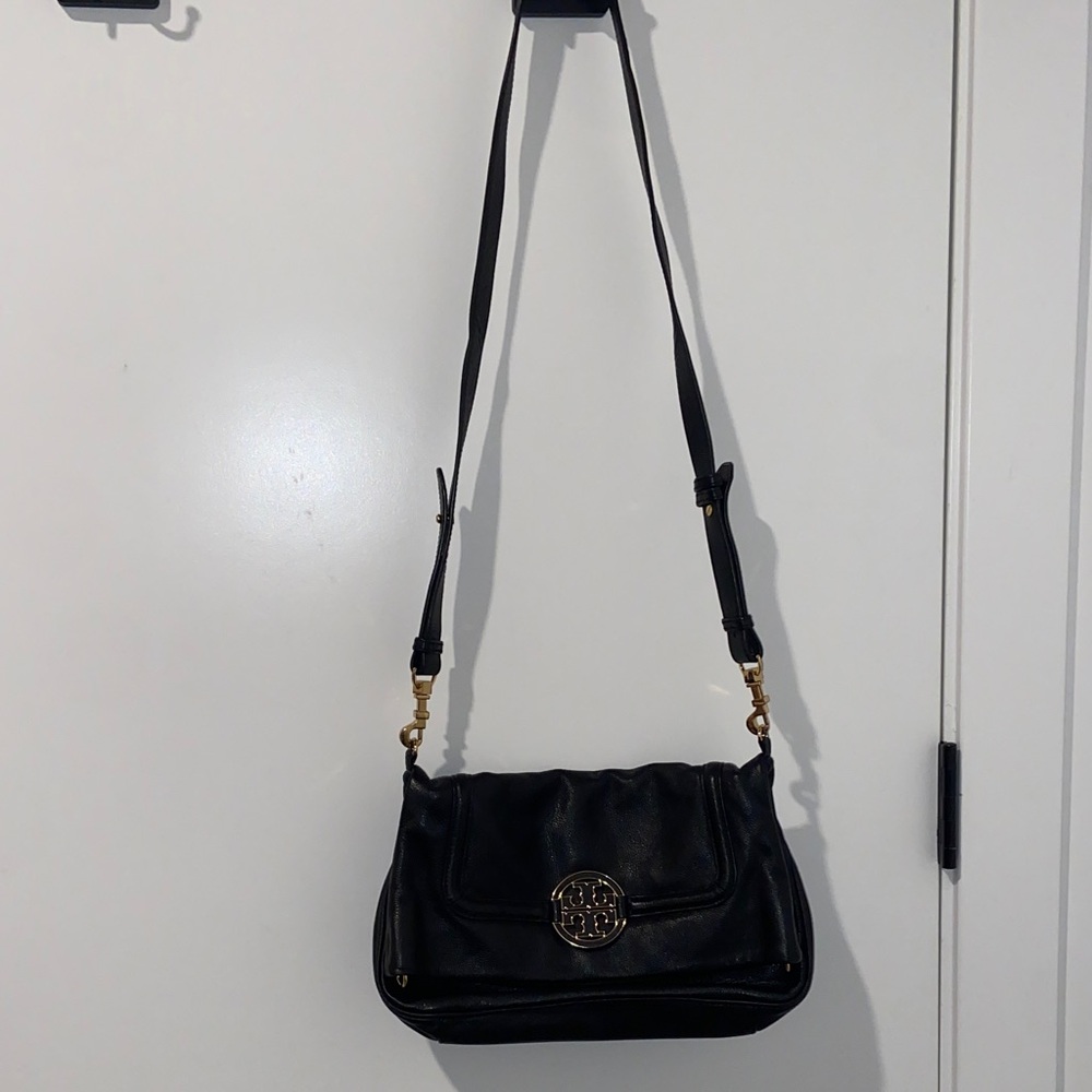 Tory Burch Black Fold Over Leather Shoulder Bag
